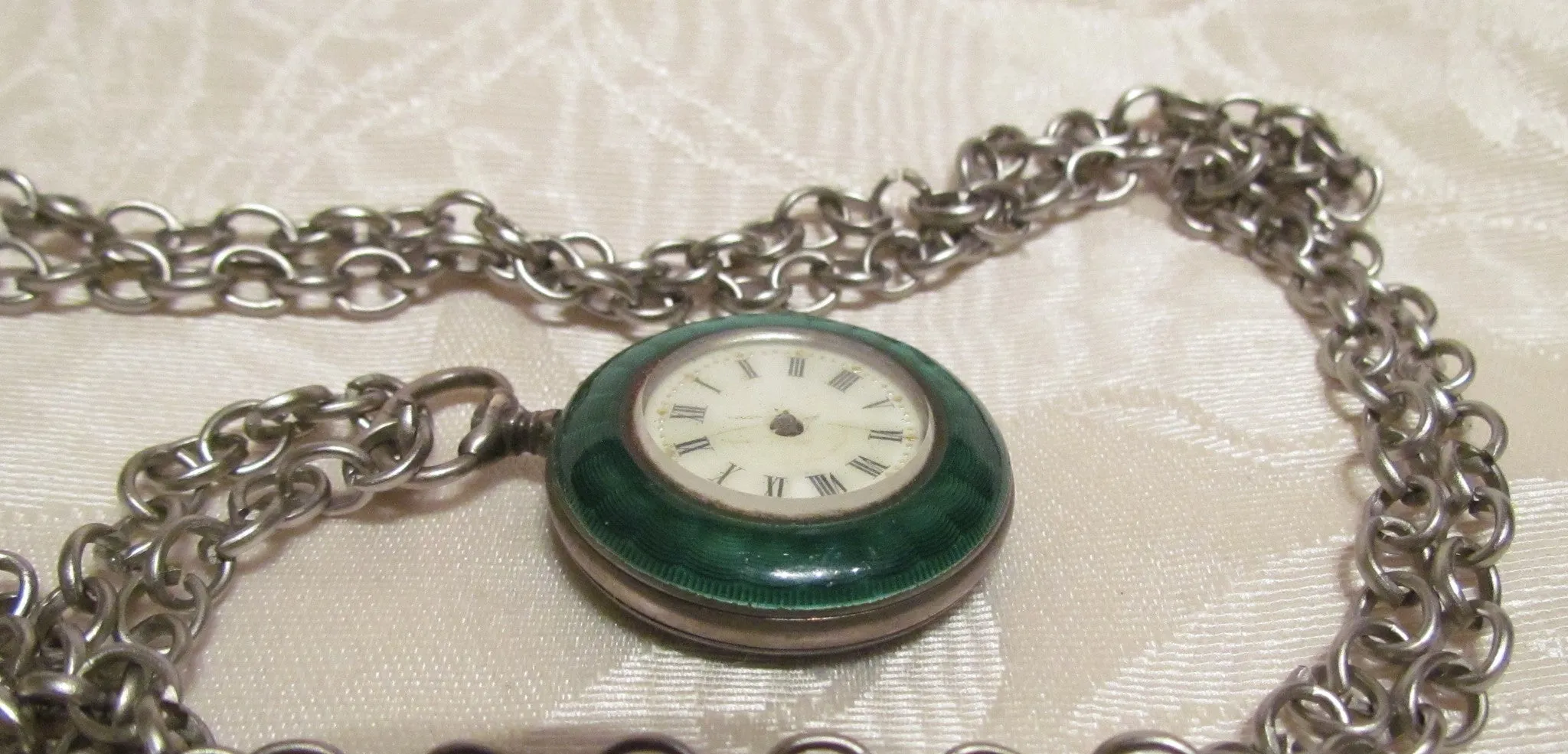 Steampunk Green Guilloche Watch Fob Art Deco Pendant Necklace Non Working Watch