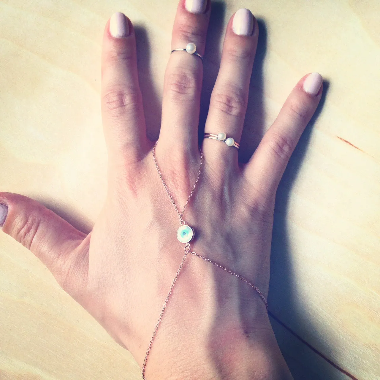 Sterling Silver Hand Chain Bracelet with Blue Evil Eye