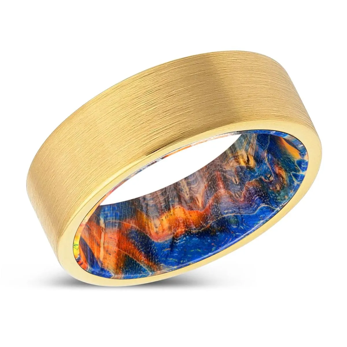 SUTTON | Blue & Yellow/Orange Wood, Gold Tungsten Ring, Brushed, Flat