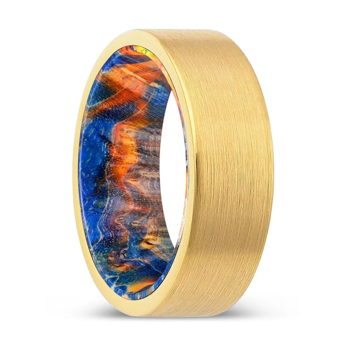 SUTTON | Blue & Yellow/Orange Wood, Gold Tungsten Ring, Brushed, Flat