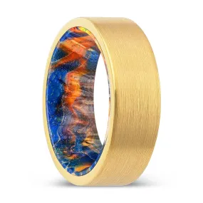 SUTTON | Blue & Yellow/Orange Wood, Gold Tungsten Ring, Brushed, Flat