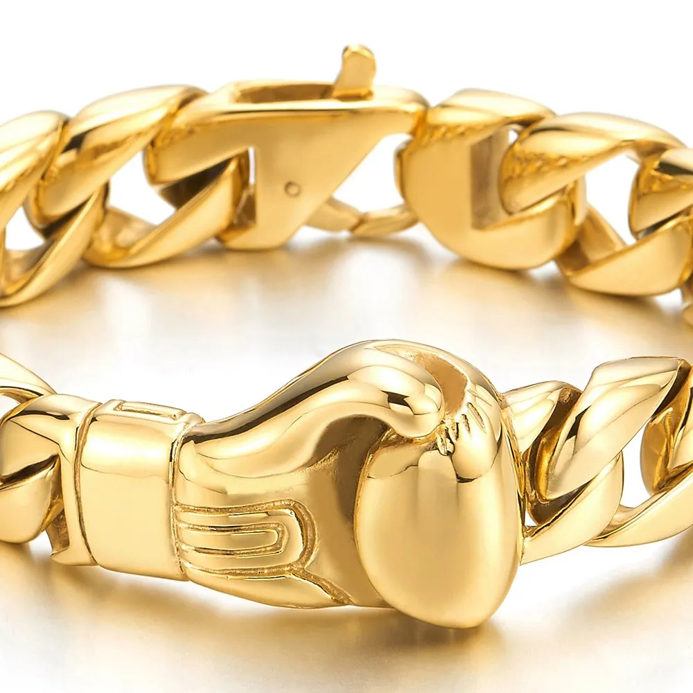 Unique Mens Stainless Steel Curb Chain Link Bracelet with Boxing Glove Silver Color Polished