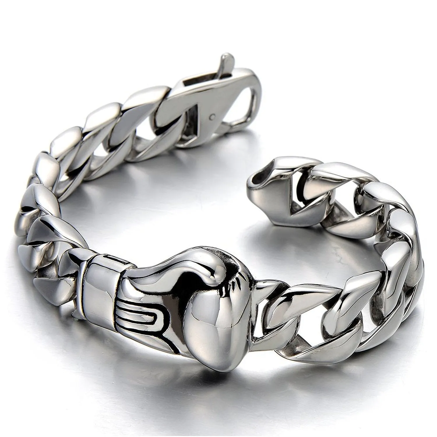 Unique Mens Stainless Steel Curb Chain Link Bracelet with Boxing Glove Silver Color Polished