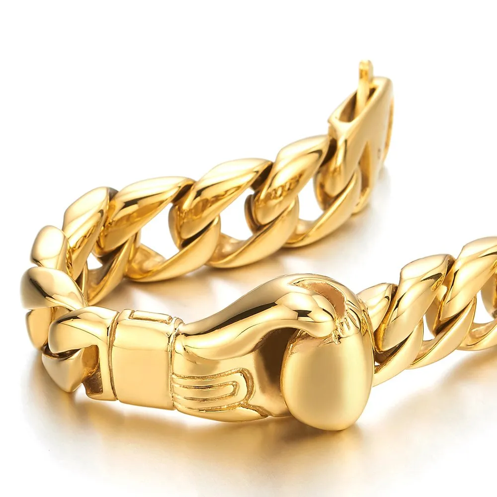 Unique Mens Stainless Steel Curb Chain Link Bracelet with Boxing Glove Silver Color Polished