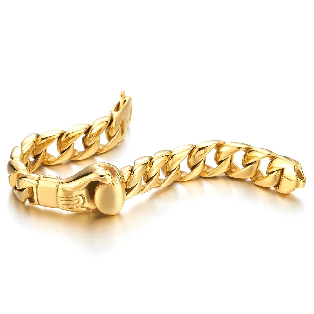Unique Mens Stainless Steel Curb Chain Link Bracelet with Boxing Glove Silver Color Polished