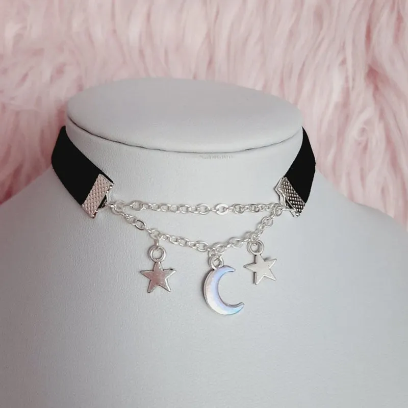 VenusFox Velvet moon  stars choker Moon And Stars Chain Choker Kawaii Pastel Pink Velvet Chain fashion delicacy women