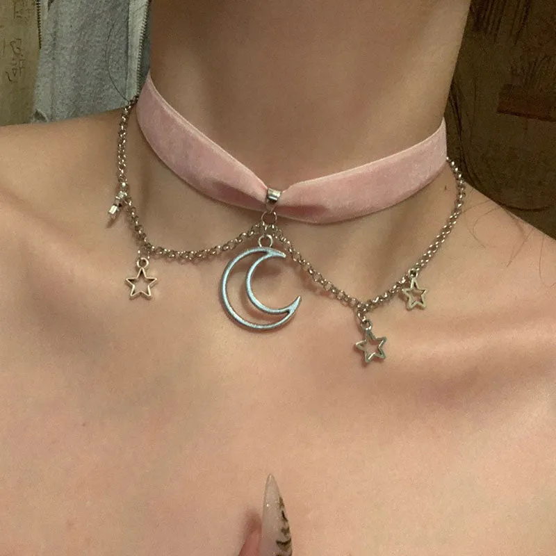 VenusFox Velvet moon  stars choker Moon And Stars Chain Choker Kawaii Pastel Pink Velvet Chain fashion delicacy women