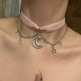 VenusFox Velvet moon  stars choker Moon And Stars Chain Choker Kawaii Pastel Pink Velvet Chain fashion delicacy women