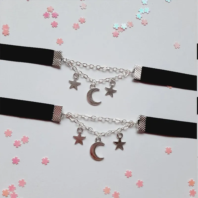 VenusFox Velvet moon  stars choker Moon And Stars Chain Choker Kawaii Pastel Pink Velvet Chain fashion delicacy women