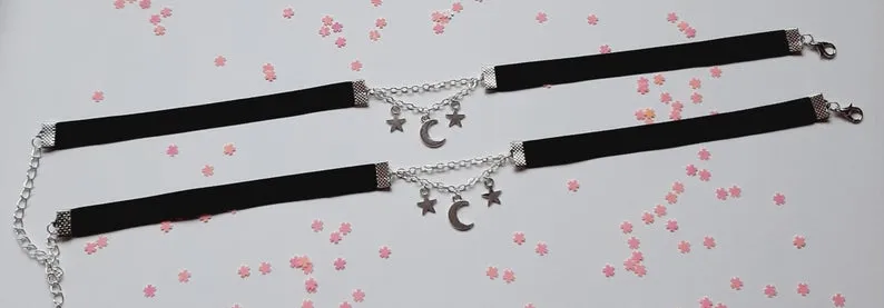 VenusFox Velvet moon  stars choker Moon And Stars Chain Choker Kawaii Pastel Pink Velvet Chain fashion delicacy women