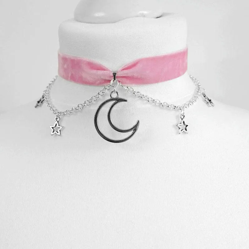 VenusFox Velvet moon  stars choker Moon And Stars Chain Choker Kawaii Pastel Pink Velvet Chain fashion delicacy women