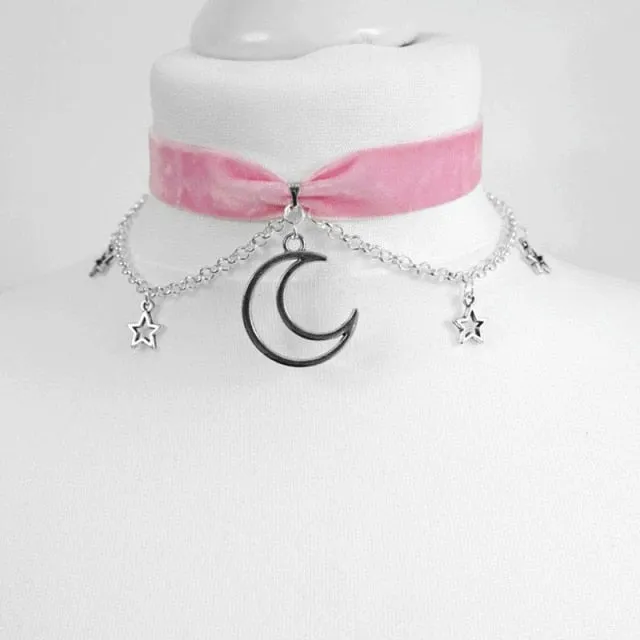 VenusFox Velvet moon  stars choker Moon And Stars Chain Choker Kawaii Pastel Pink Velvet Chain fashion delicacy women