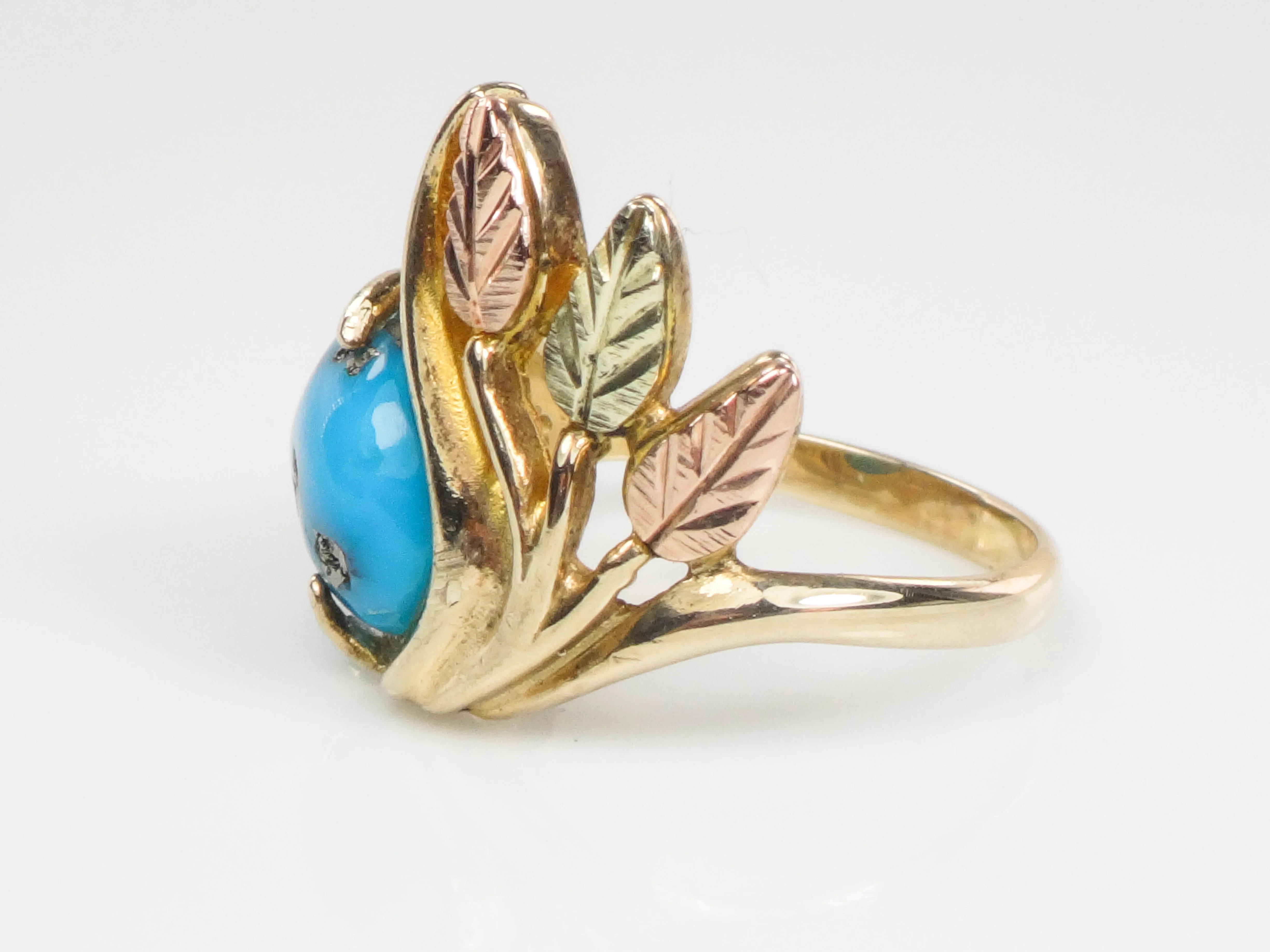 Vintage 10k Yellow and Rose Gold Turquoise Ring with Leaves and Berries, Size 4