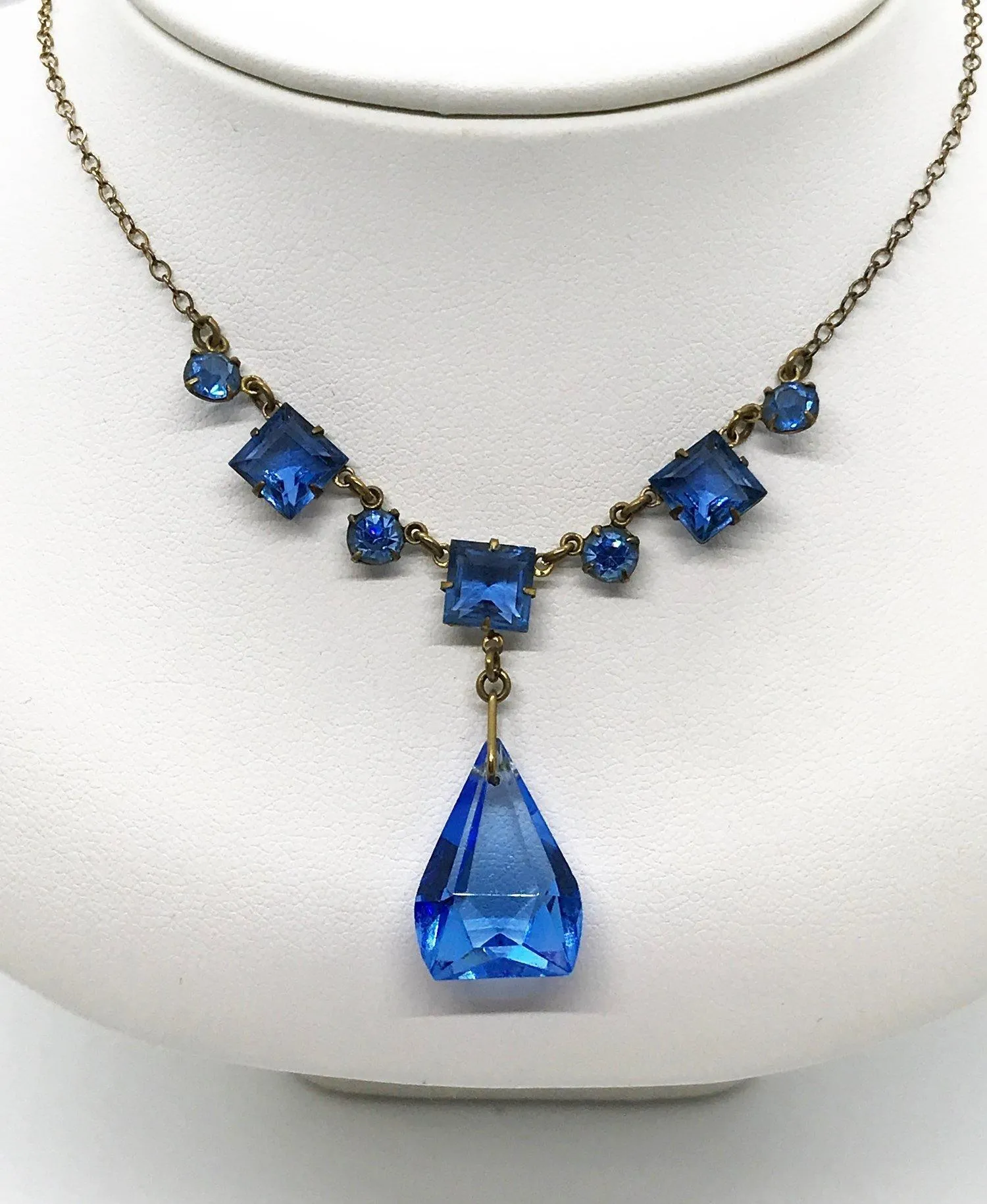 Vintage Art Deco Drop Blue Glass Necklace