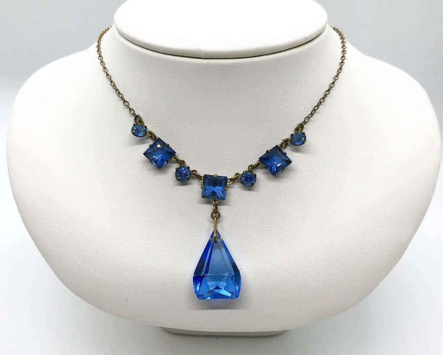 Vintage Art Deco Drop Blue Glass Necklace