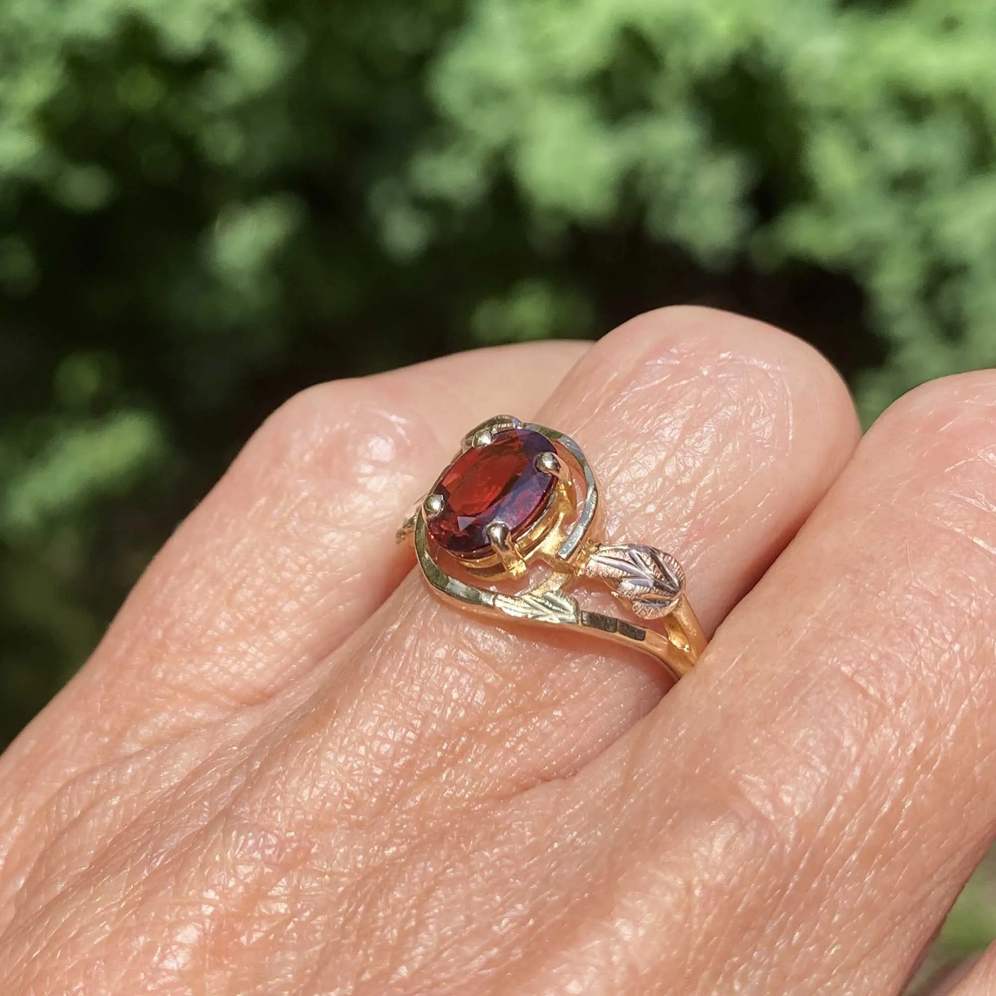 Vintage Bypass Style Black Hills Gold Garnet Ring