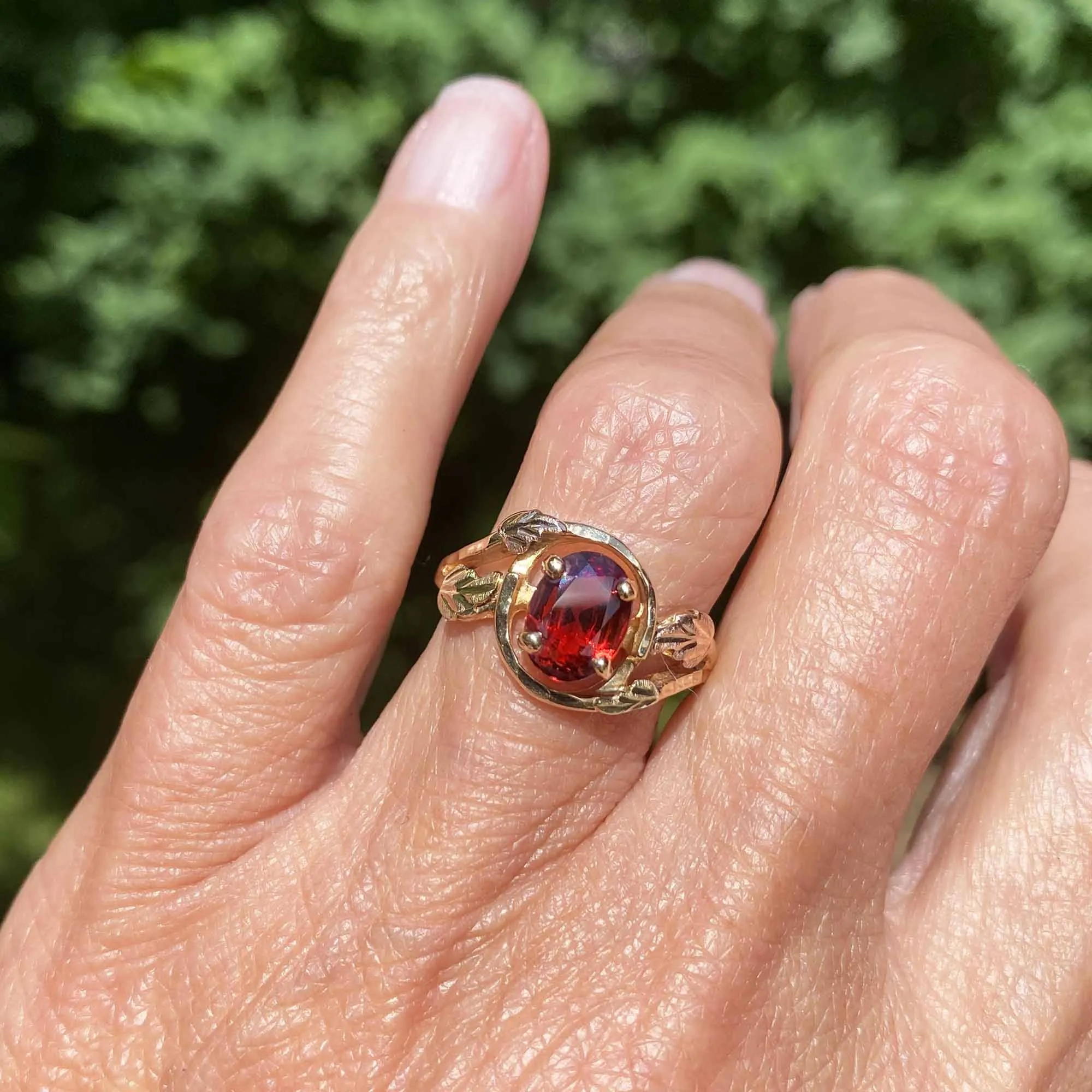 Vintage Bypass Style Black Hills Gold Garnet Ring
