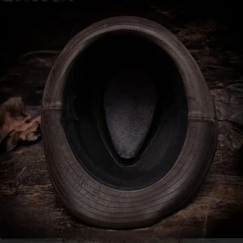 Vintage Homburg Hat Oil Wax Leather Patchwork Cowboy Top Hat