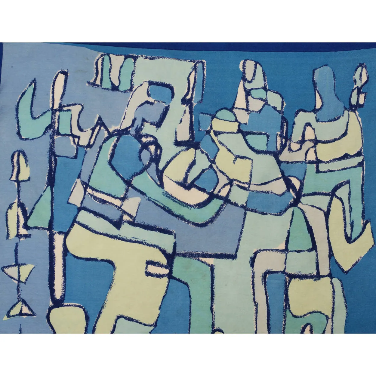 Vintage Liberty of London Silk Scarf Blue Cubist Figural Pattern Exceptional 