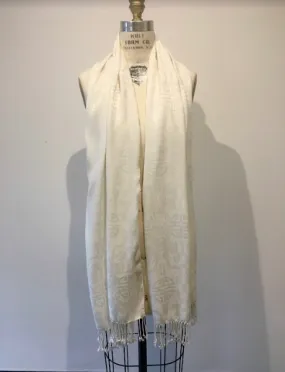 VINTAGE Men's cream satin damask rayon Opera scarf w/ fringe, 20" x 74"