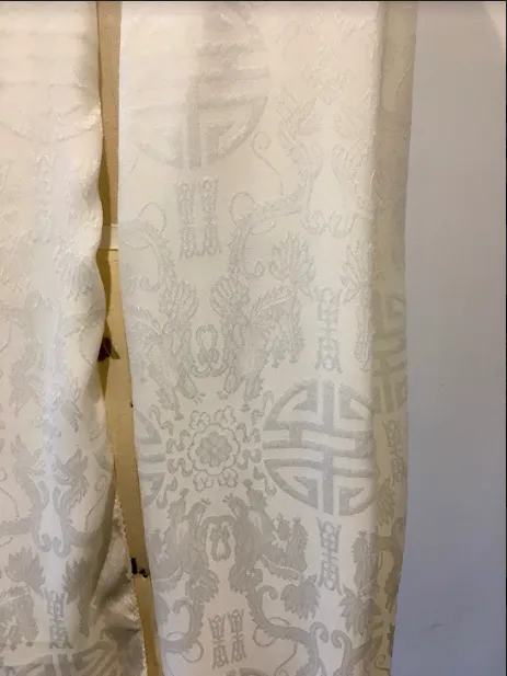 VINTAGE Men's cream satin damask rayon Opera scarf w/ fringe, 20" x 74"