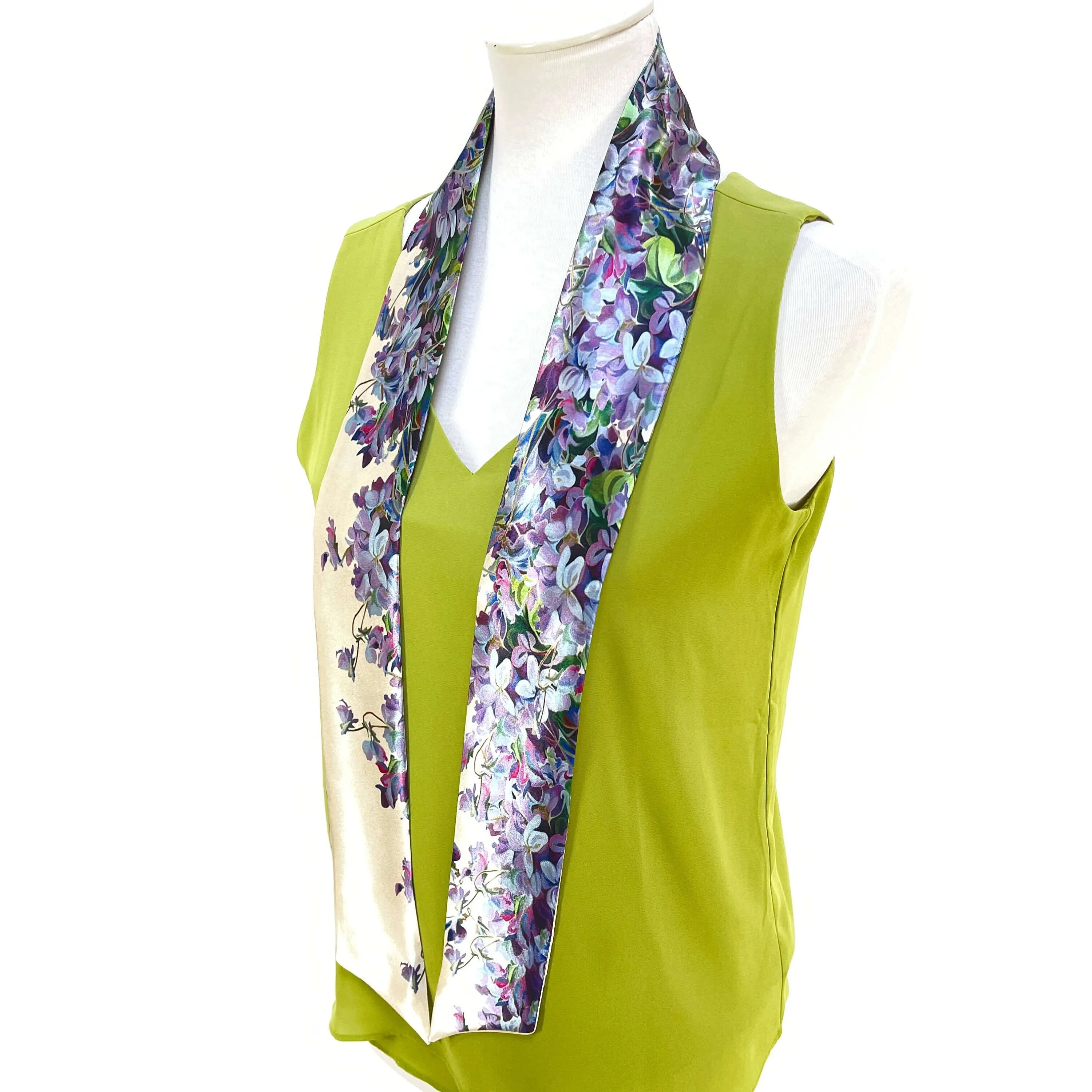 Violets Skinny Scarf,Womans Scarf,floral scarf,Satin Scarf,ladies scarf,hair tie, hangbag scarf,floral scarf,violet scarf