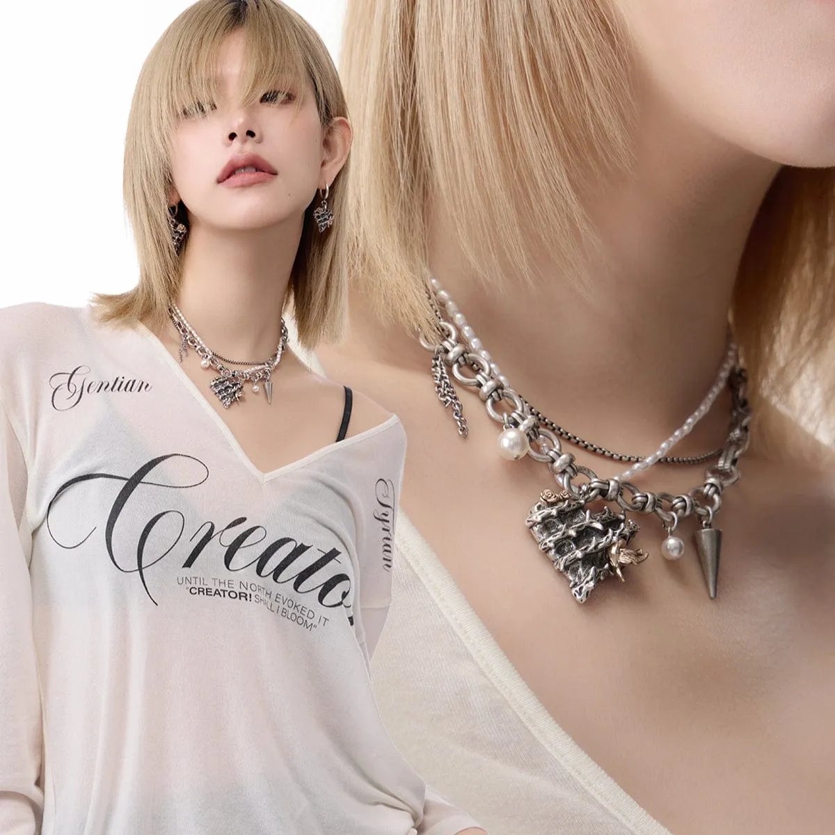 Women's Rockabilly Thorn Rose Heart Layered Choker