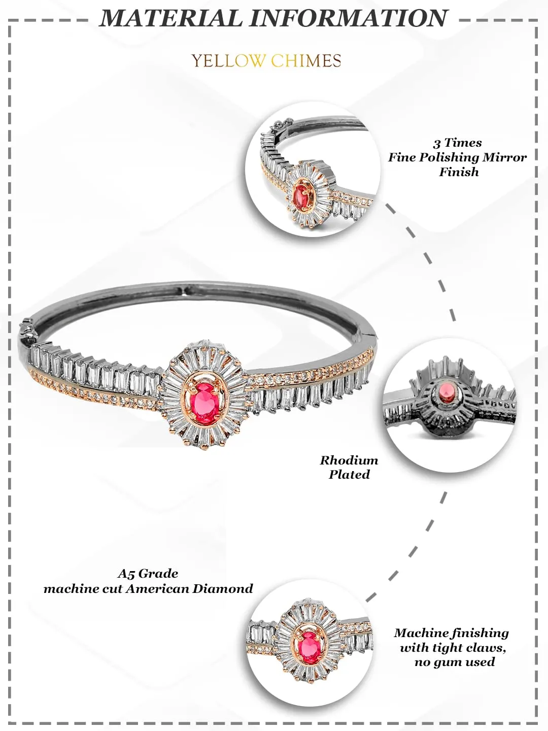 Yellow Chimes AD Bracelet for Women Pink American Diamond Bangle Bracelet AD Jewellery Bangle Style Bracelet for Women and Girls